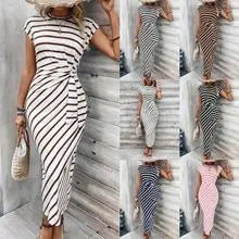Spring Summer Hot Sale Of The Season Women's Cotton Linen Short Sleeve Printed Pocket round Neck Dress Elegant Style Comforta...