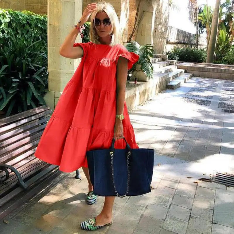 Casual Loose Ruffles Dress Women Fashion O-neck Pure Color Short Sleeve Dresses For Women 2024 Summer White Beach Sumdress
