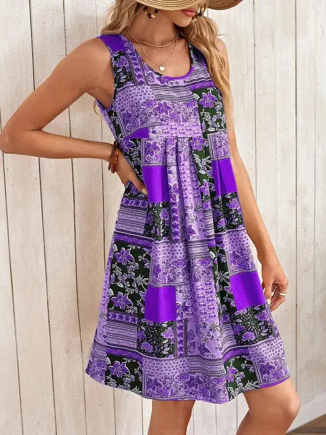 TUME Women's Fashion Print Dress Knee-Length Skirt Sleeveless Regular Waistline Cross-Border Summer New Arrival