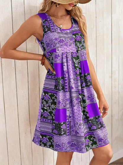 TUME Women's Fashion Print Dress Knee-Length Skirt Sleeveless Regular Waistline Cross-Border Summer New Arrival