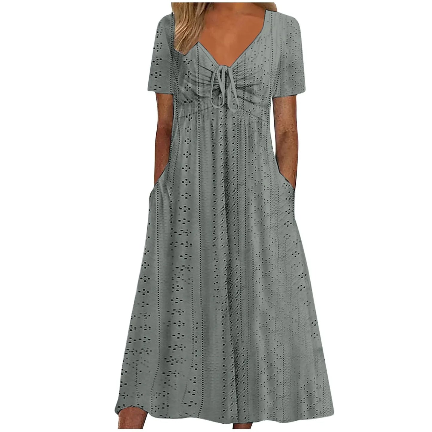 Women's Hollow Out Eyelet Beach Dress Solid Colour V-Neck Tie Short Sleeve Loose Long Dress With Pockets 2025 Boho Summer Dress