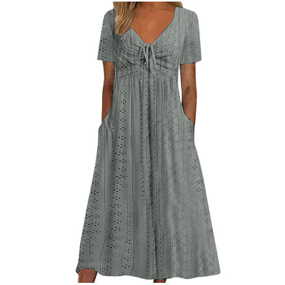 Women's Hollow Out Eyelet Beach Dress Solid Colour V-Neck Tie Short Sleeve Loose Long Dress With Pockets 2025 Boho Summer Dress