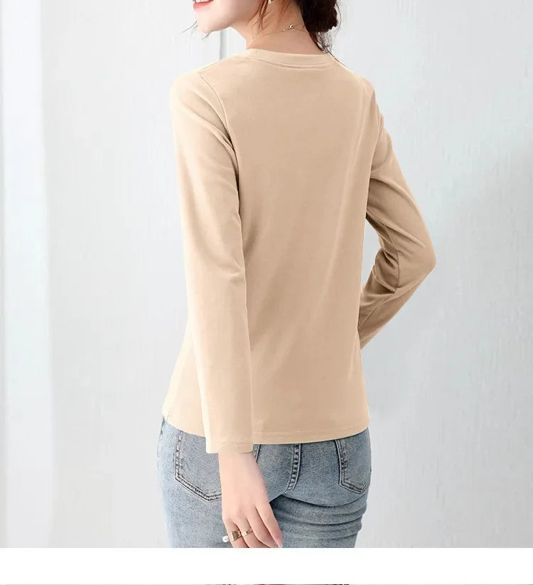 Korean Style Women's round Neck Long Sleeve Base Shirt Early Autumn New Pure Color Threaded Top Trendy T-shirt Slim Fit