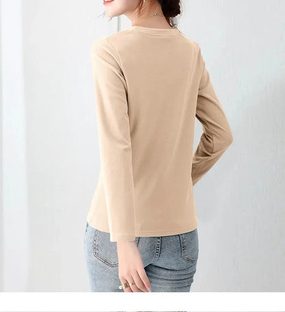 Korean Style Women's round Neck Long Sleeve Base Shirt Early Autumn New Pure Color Threaded Top Trendy T-shirt Slim Fit