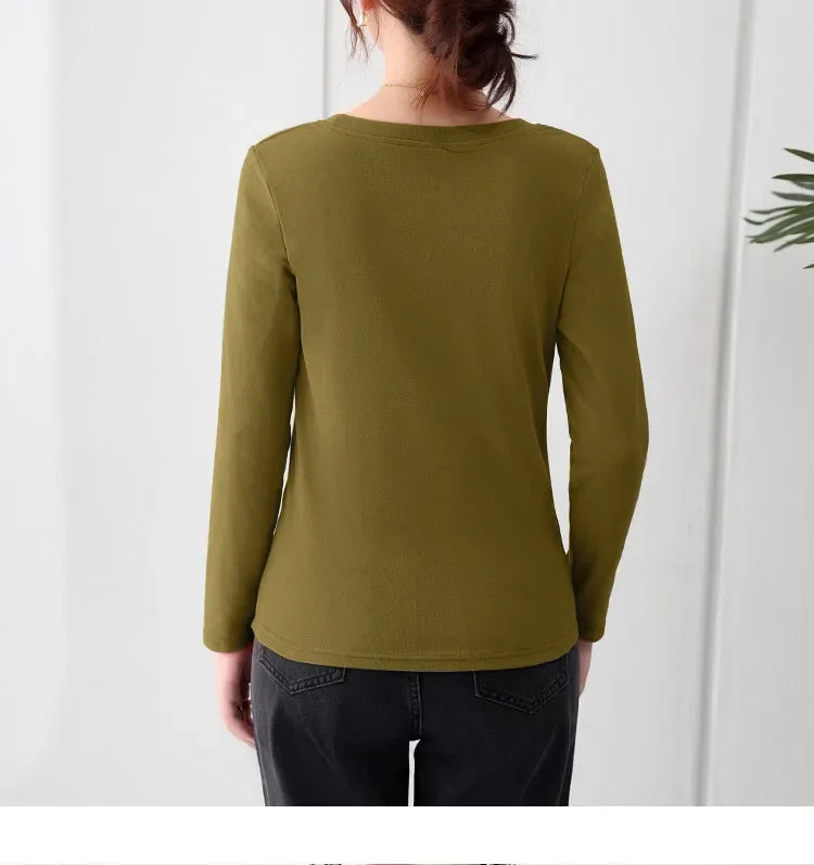 Korean Style Women's round Neck Long Sleeve Base Shirt Early Autumn New Pure Color Threaded Top Trendy T-shirt Slim Fit