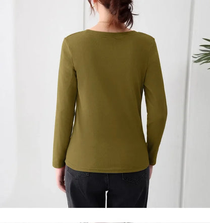 Korean Style Women's round Neck Long Sleeve Base Shirt Early Autumn New Pure Color Threaded Top Trendy T-shirt Slim Fit