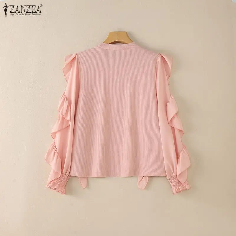 ZANZEA Woman Ruffles Trim Blouses O-Neck Long Sleeve Solid Color Ribbed Knit Patchwork Pullover Tops Spring Elegant Blusas Mujer