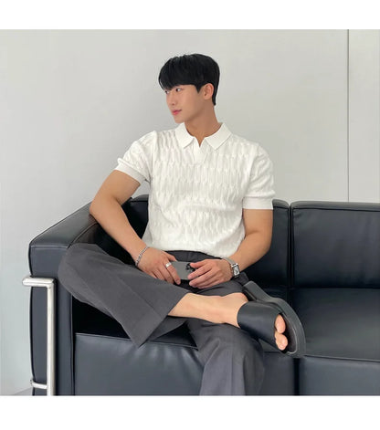 Summer Clothing Men's Luxury Knitted Jacquard Skinny Polo Shirt Korean Popular Breathable Leisure V Neck Short Sleeve Knitwear