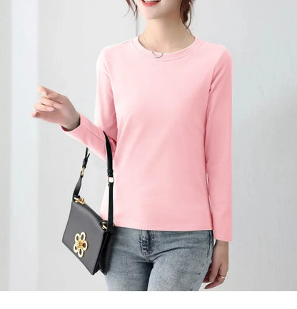 Korean Style Women's round Neck Long Sleeve Base Shirt Early Autumn New Pure Color Threaded Top Trendy T-shirt Slim Fit