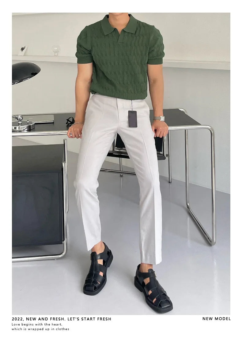 Summer Clothing Men's Luxury Knitted Jacquard Skinny Polo Shirt Korean Popular Breathable Leisure V Neck Short Sleeve Knitwear