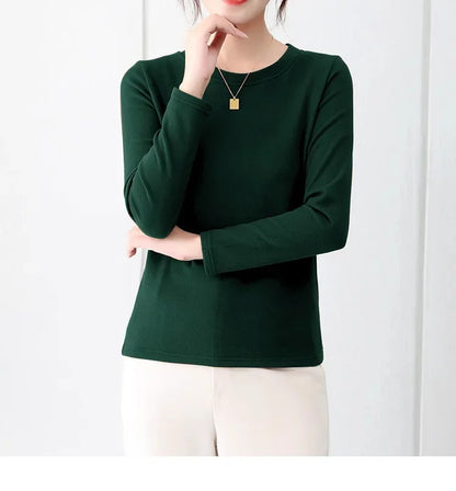 Korean Style Women's round Neck Long Sleeve Base Shirt Early Autumn New Pure Color Threaded Top Trendy T-shirt Slim Fit