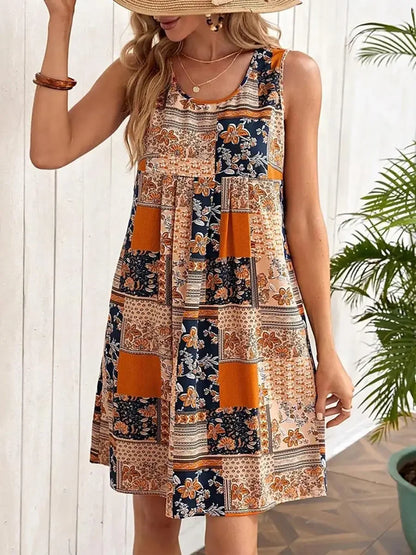 TUME Women's Fashion Print Dress Knee-Length Skirt Sleeveless Regular Waistline Cross-Border Summer New Arrival