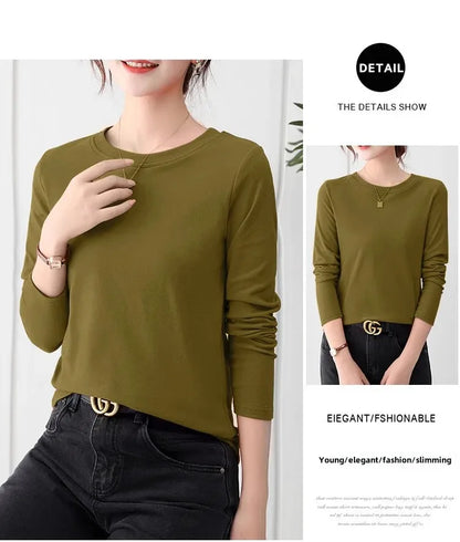 Korean Style Women's round Neck Long Sleeve Base Shirt Early Autumn New Pure Color Threaded Top Trendy T-shirt Slim Fit