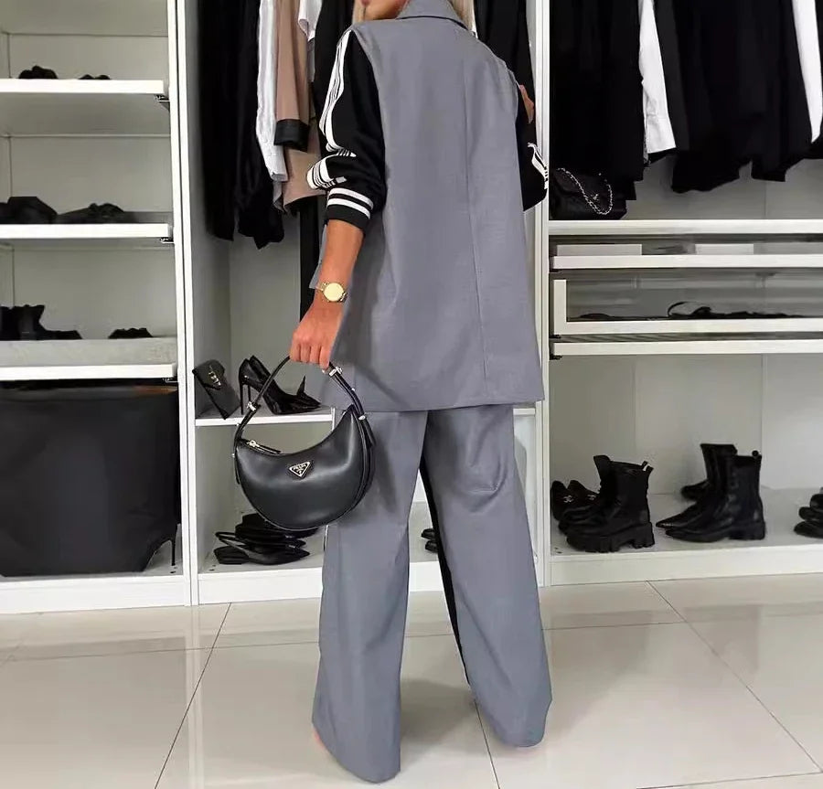Casual Two Piece Sets Womens Outifits Fall Long Sleeved Patchwork Double Breasted Suit Coat Loose Pant Two-piece Set Winter 2024