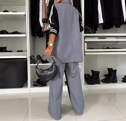 Casual Two Piece Sets Womens Outifits Fall Long Sleeved Patchwork Double Breasted Suit Coat Loose Pant Two-piece Set Winter 2024