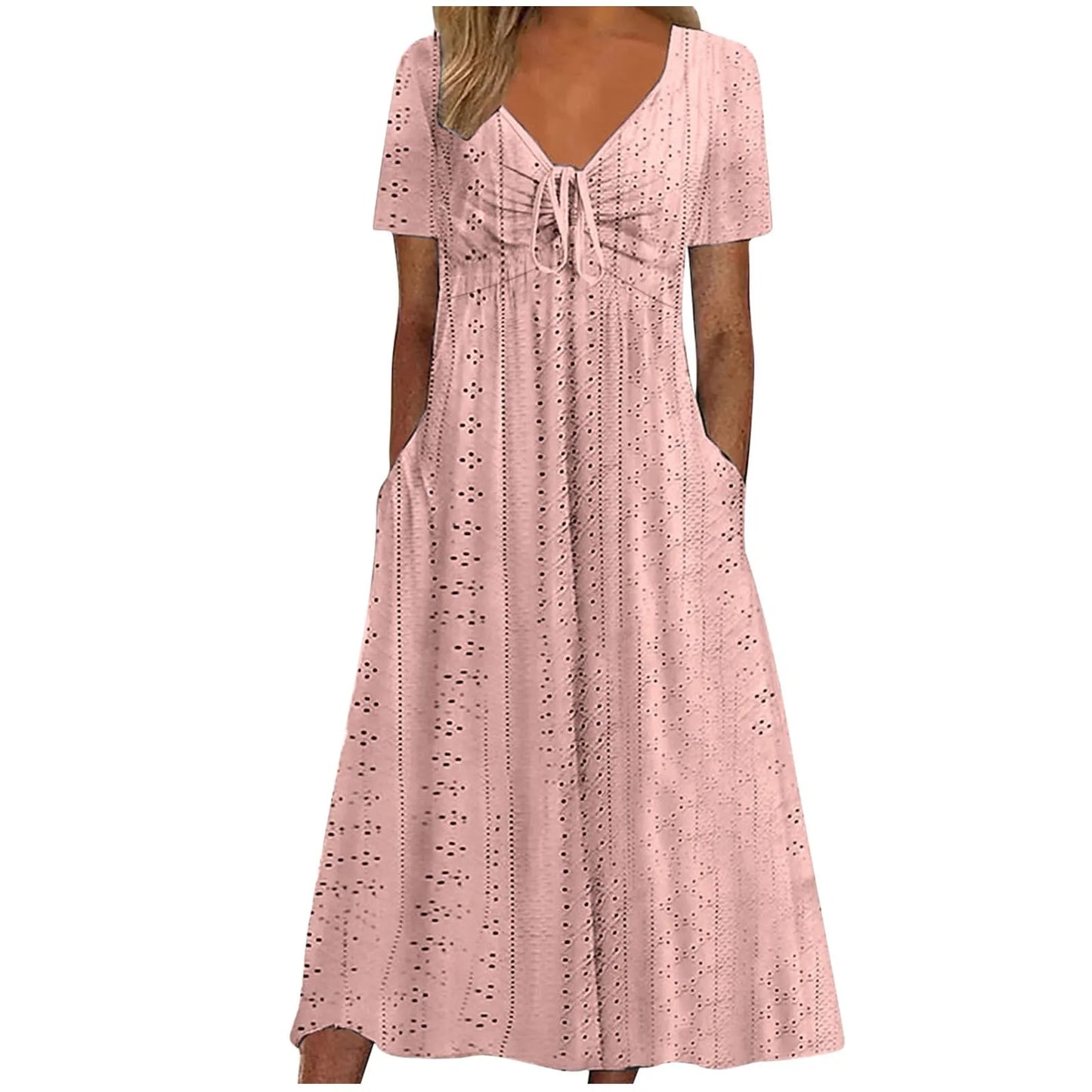Women's Hollow Out Eyelet Beach Dress Solid Colour V-Neck Tie Short Sleeve Loose Long Dress With Pockets 2025 Boho Summer Dress