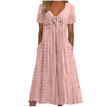 Women's Hollow Out Eyelet Beach Dress Solid Colour V-Neck Tie Short Sleeve Loose Long Dress With Pockets 2025 Boho Summer Dress