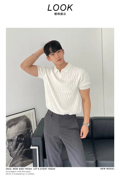 Summer Clothing Men's Luxury Knitted Jacquard Skinny Polo Shirt Korean Popular Breathable Leisure V Neck Short Sleeve Knitwear