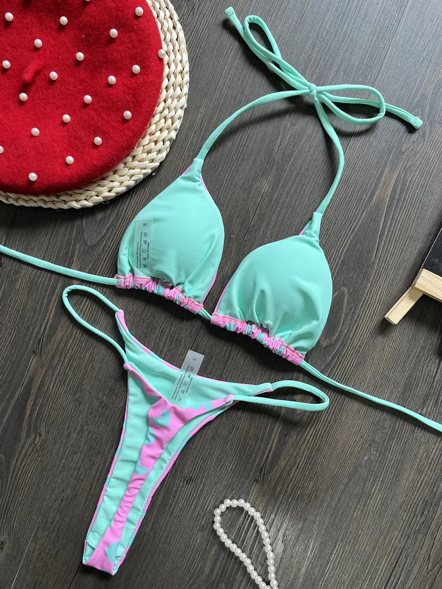 Printed Halter Wrinkled Bikinis Mini Micro Thong Bikini Female Swimsuit Women Swimwear Two-pieces Bikini Set Bathing Suit Swim
