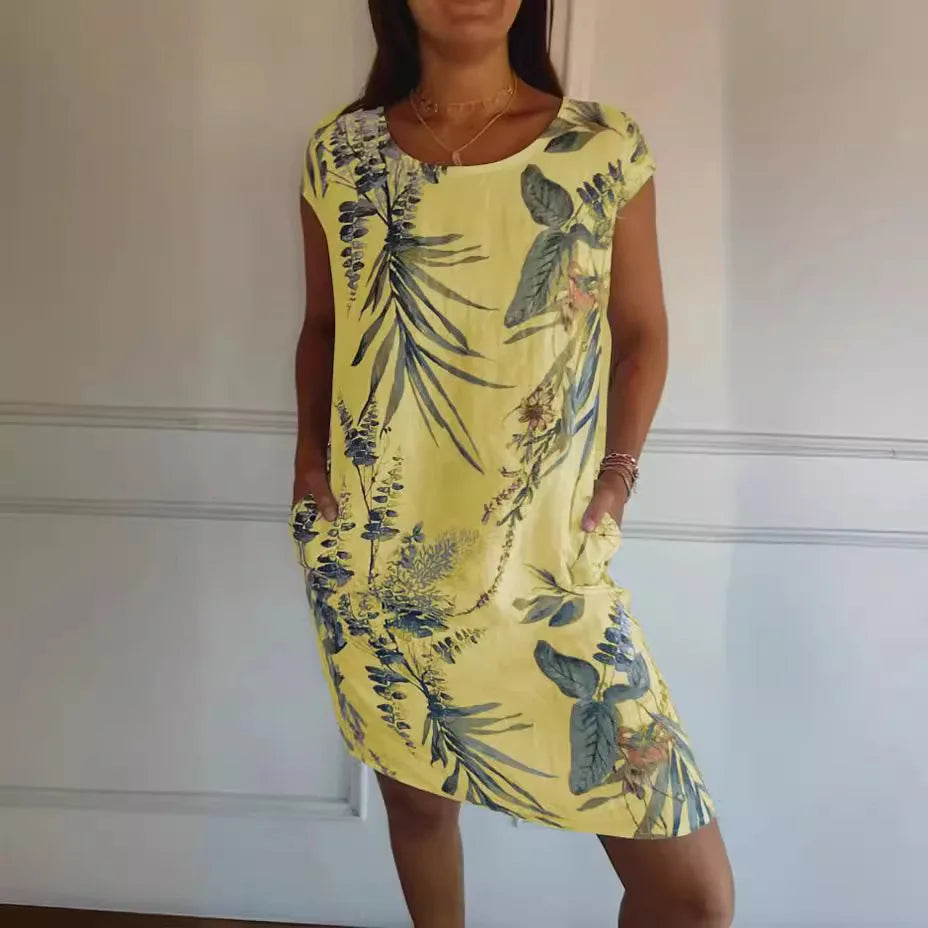 Spring Summer Hot Sale Of The Season Women's Cotton Linen Short Sleeve Printed Pocket round Neck Dress Elegant Style Comforta...