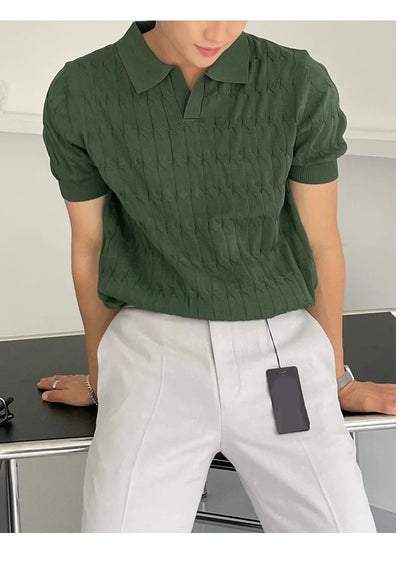 Summer Clothing Men's Luxury Knitted Jacquard Skinny Polo Shirt Korean Popular Breathable Leisure V Neck Short Sleeve Knitwear