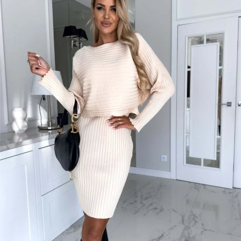 Fashion Long Sleeve Knitted Sweater And Dress Two Piece Sets For Women 2025 Autumn Winter Outfits Warm Sexy Bodycon Drsses Sets