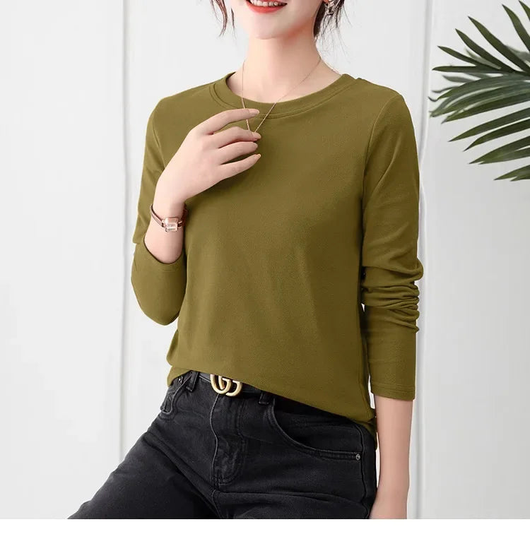 Korean Style Women's round Neck Long Sleeve Base Shirt Early Autumn New Pure Color Threaded Top Trendy T-shirt Slim Fit