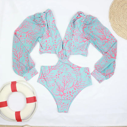 Women's Swimsuit 2024 Long Sleeve Rash Guard Bikini Surfing Suit One Piece Bodysuit Print Brasileño Push up Monokini Swimwear