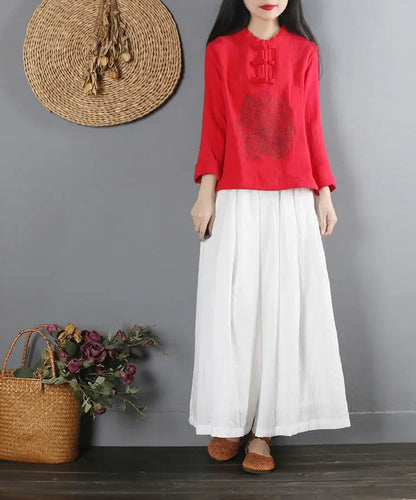 2022 Summer Chinese Style Ethnic Long Sleeve Women Retro Embroidery Blouse Red T-shirt Cotton Oversize Loose Ladies Casual Tops
