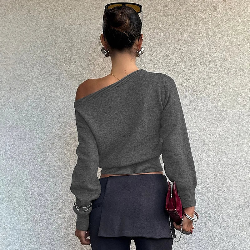 One Shoulder Beige Knitted Sweater Women's Pull Waist One-Shoulder Sweatshirt Jumper Pulls Spring Clothes 2026 Pullover Y2K New