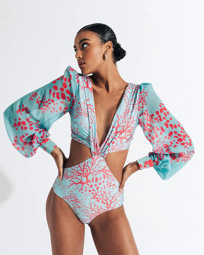 Women's Swimsuit 2024 Long Sleeve Rash Guard Bikini Surfing Suit One Piece Bodysuit Print Brasileño Push up Monokini Swimwear