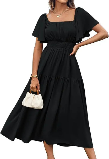 Elegant Summer Long Skirt for Women with Puffy Sleeves Square Collar Gathered Waist Loose Fit Knee-Length Holiday Dress