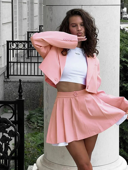 Blubelle Women Stylish Short Blazer Sets Crop Blazer Jackets & Pleated Mini Skirt 2 Pieces Sets Two Piece Sets Womens Outifits