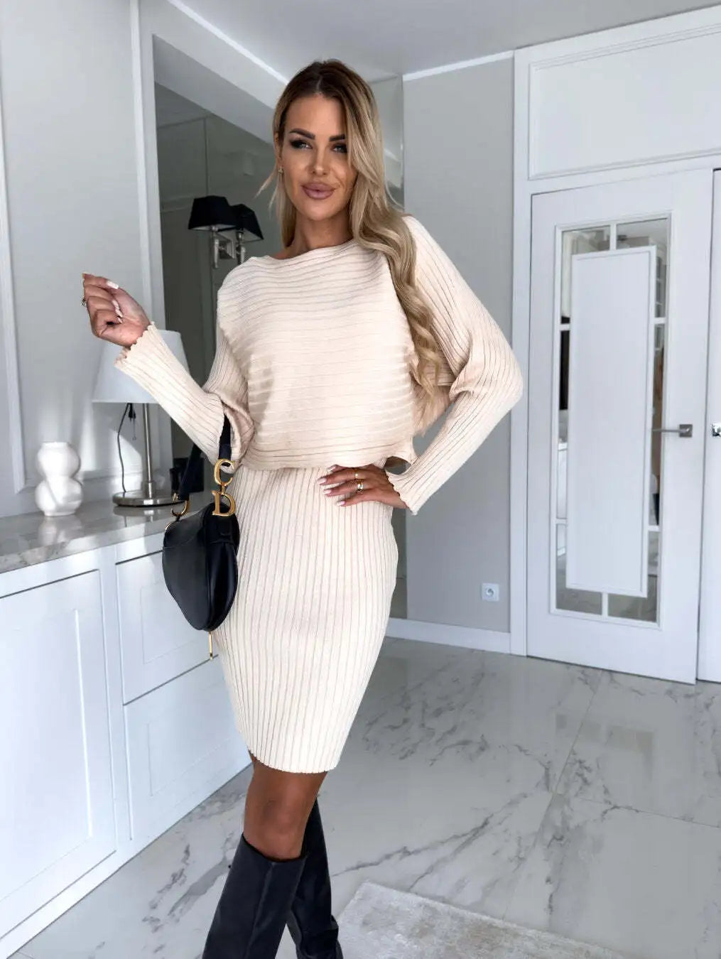 Fashion Long Sleeve Knitted Sweater And Dress Two Piece Sets For Women 2025 Autumn Winter Outfits Warm Sexy Bodycon Drsses Sets
