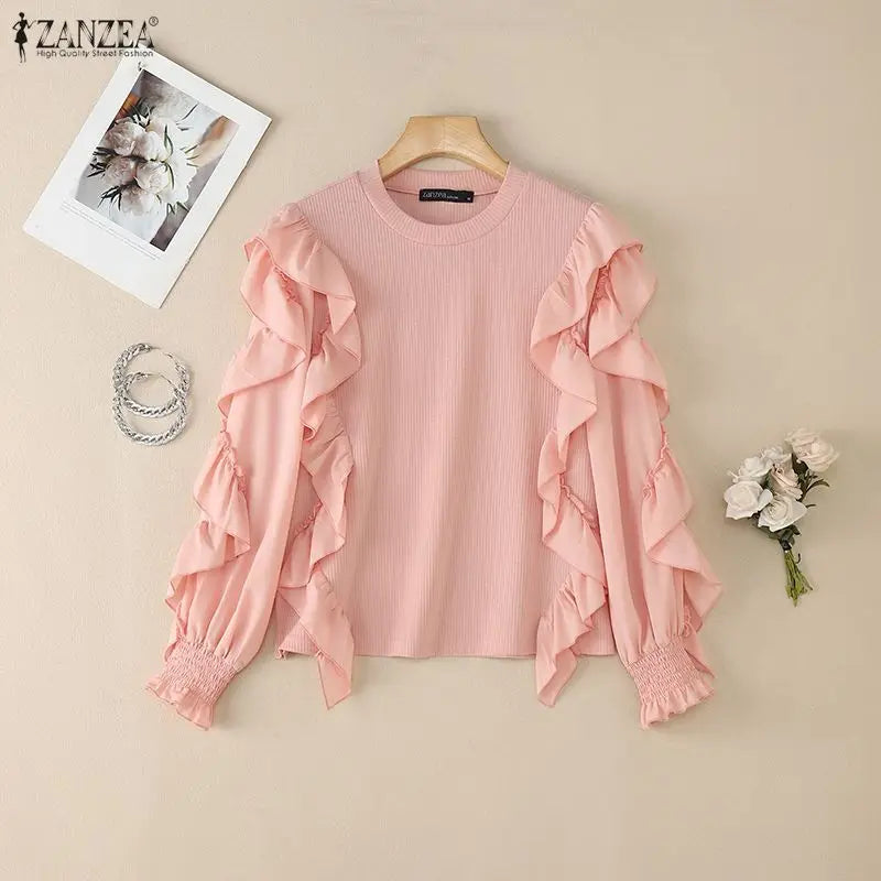 ZANZEA Woman Ruffles Trim Blouses O-Neck Long Sleeve Solid Color Ribbed Knit Patchwork Pullover Tops Spring Elegant Blusas Mujer
