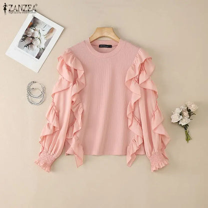 ZANZEA Woman Ruffles Trim Blouses O-Neck Long Sleeve Solid Color Ribbed Knit Patchwork Pullover Tops Spring Elegant Blusas Mujer