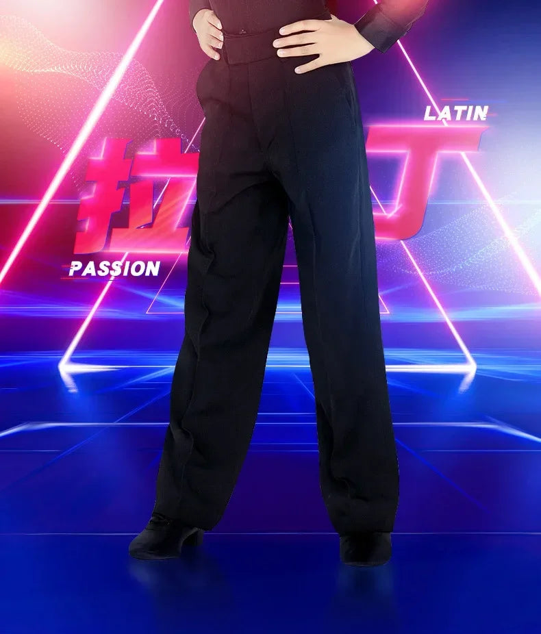 N72 Black Latin Modern Ballroom Tango Salsa Samba Trousers Practice Competition Latin Dance Pants For Men Kids Boys EJ