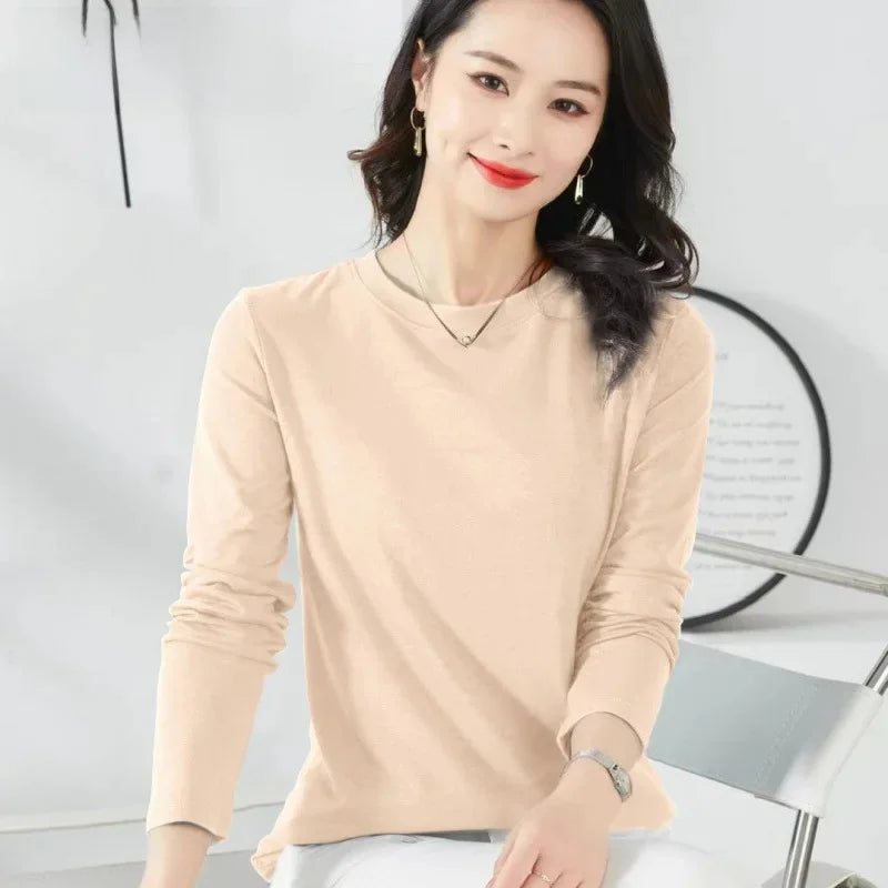 Korean Style Women's round Neck Long Sleeve Base Shirt Early Autumn New Pure Color Threaded Top Trendy T-shirt Slim Fit