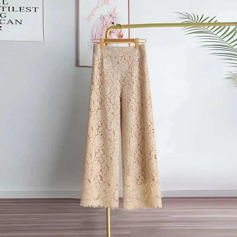 Female High Waist Wide-leg Trousers Summer Ladies Lace Straight-leg Pantalons Korean Women Casual Solid Color Nine Dvide Pants