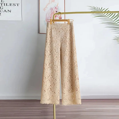 Female High Waist Wide-leg Trousers Summer Ladies Lace Straight-leg Pantalons Korean Women Casual Solid Color Nine Dvide Pants