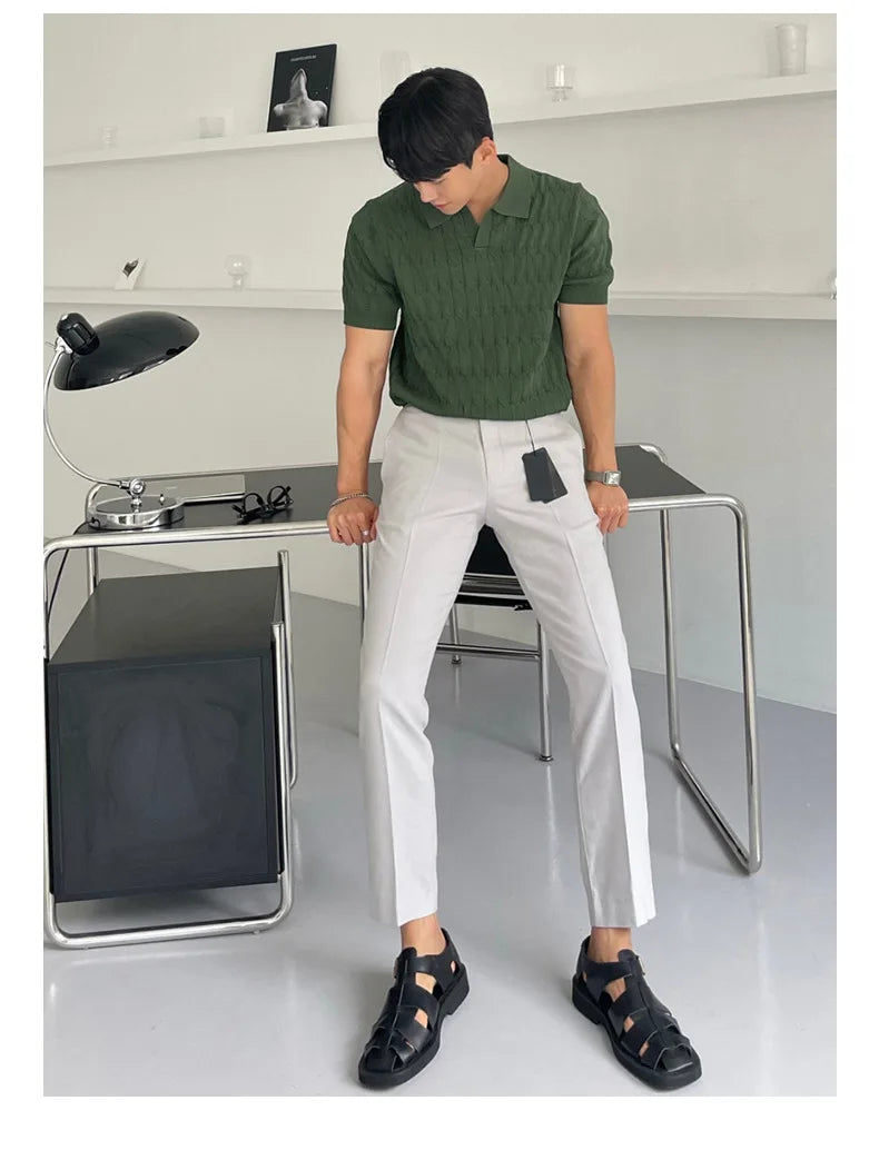Summer Clothing Men's Luxury Knitted Jacquard Skinny Polo Shirt Korean Popular Breathable Leisure V Neck Short Sleeve Knitwear