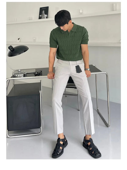 Summer Clothing Men's Luxury Knitted Jacquard Skinny Polo Shirt Korean Popular Breathable Leisure V Neck Short Sleeve Knitwear