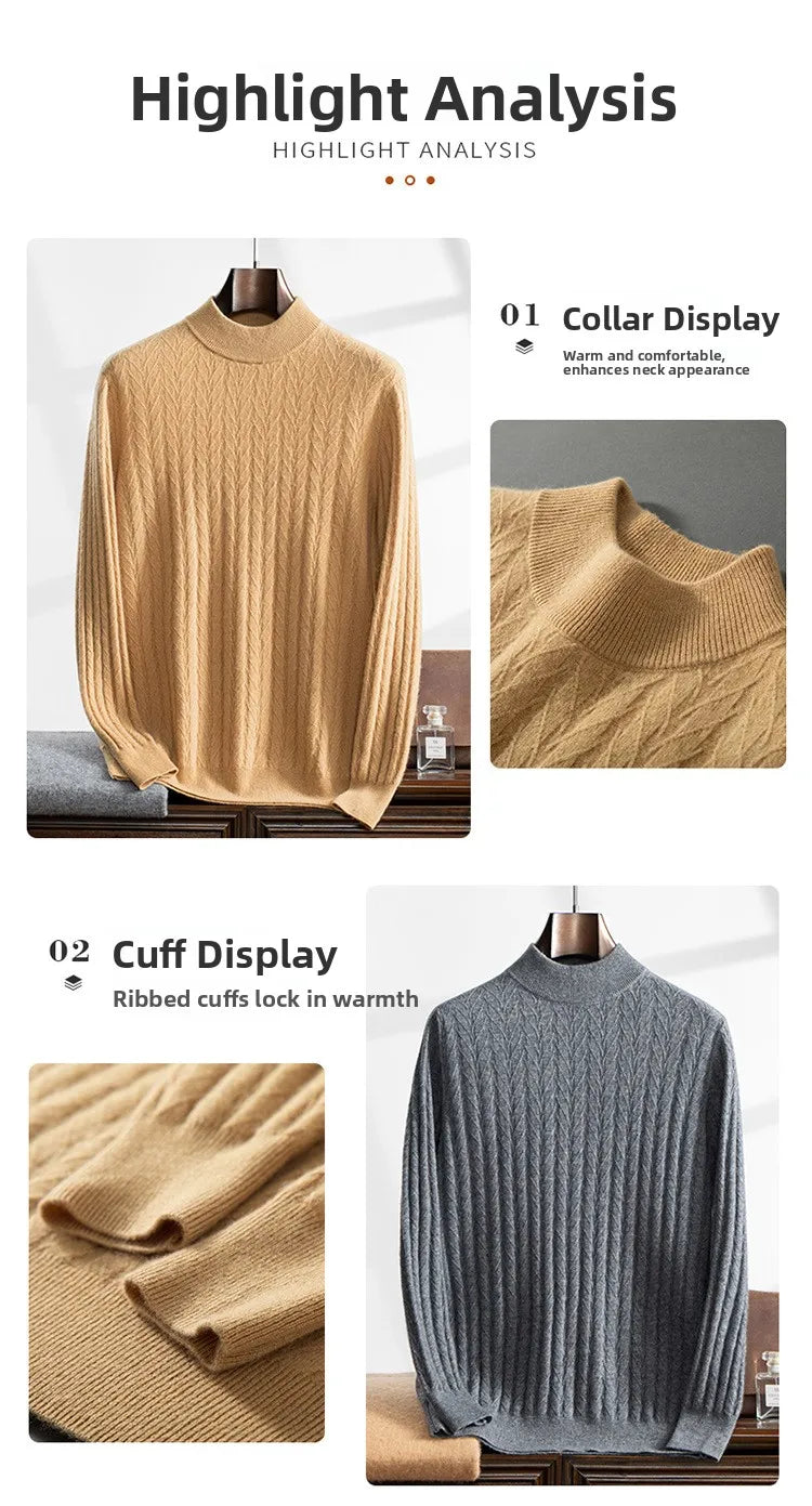 Men's Cashmere Knitted Long Sleeve Base Shirt Casual Thickened Half High Collar Autumn Winter Sweater Fashion Urban Style