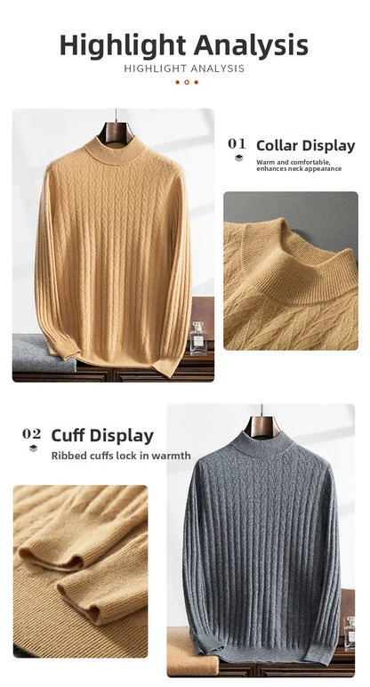 Men's Cashmere Knitted Long Sleeve Base Shirt Casual Thickened Half High Collar Autumn Winter Sweater Fashion Urban Style