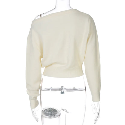 One Shoulder Beige Knitted Sweater Women's Pull Waist One-Shoulder Sweatshirt Jumper Pulls Spring Clothes 2026 Pullover Y2K New