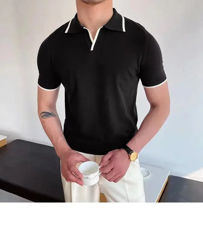 Summer Men's Knit Short Sleeve Polo Shirt Korean Style Slim Fit Solid Color Ice Silk Casual T-shirt Base Layer Top