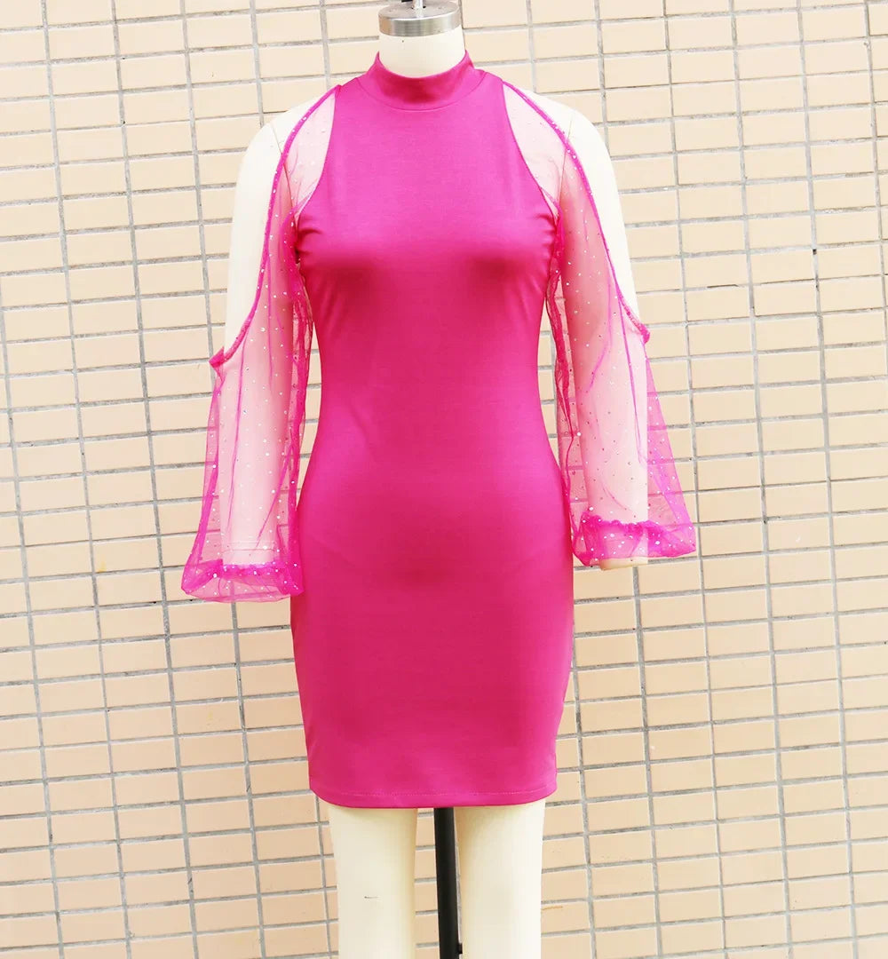 Women's Fashion Slim Fit Tulle Splice Dress Elegant Personality Winter New Arrival Cross-Border Style Bodycon Mini Dress
