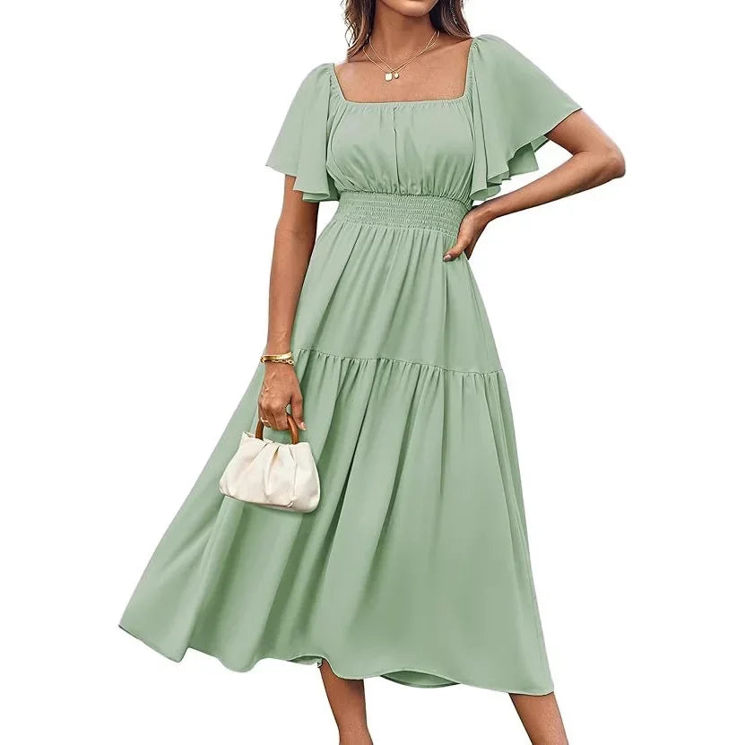 Elegant Summer Long Skirt for Women with Puffy Sleeves Square Collar Gathered Waist Loose Fit Knee-Length Holiday Dress