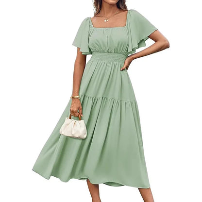 Elegant Summer Long Skirt for Women with Puffy Sleeves Square Collar Gathered Waist Loose Fit Knee-Length Holiday Dress