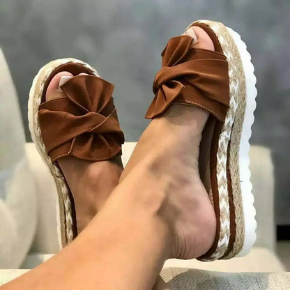 Women's Summer 2025 Thick Heel Slippers Butterfly Knot Sandal Rope Large Size Beach Slippers Comfortable round Toe Rubber Sole